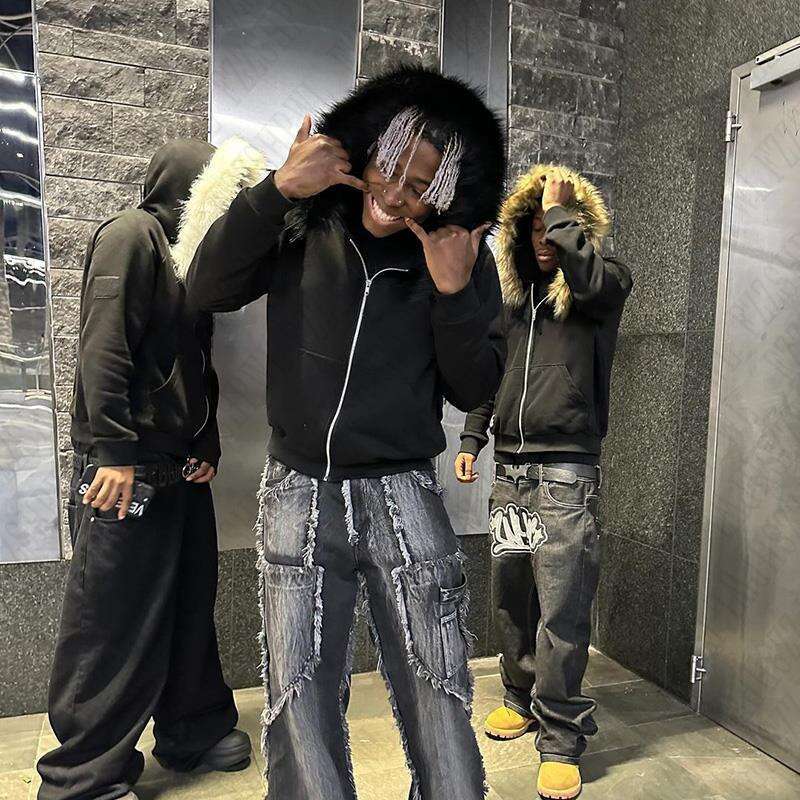 Dark Faux Fur Collar Haruku Hiphop Y2K Zip up hoodie Oversized Punk Zipper Hoodie sweatshirt Retro Rock Goth Streetwear Jacket