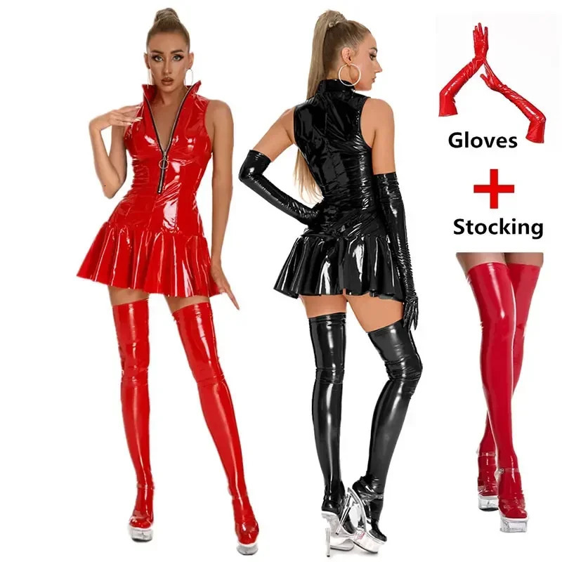 Womens leather dress plus size womens sexy shiny PVC latex mini skirt with gloves and long socks dancing pleated latex dress 241106
