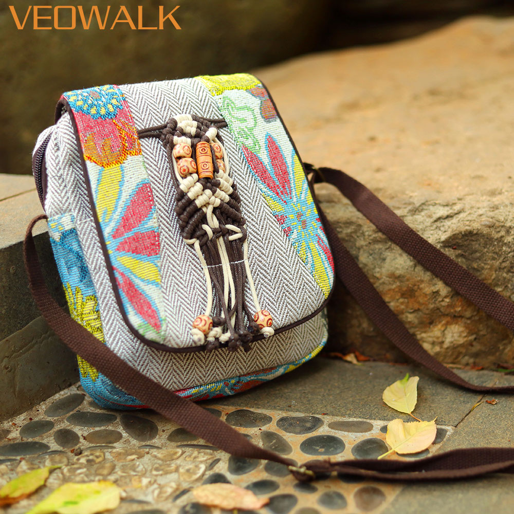 Veowalk Handmade Floral Embroidery Women Mini Canvas Flap Shoulder Bag Bohemian Small Soft Keys Phone Bag