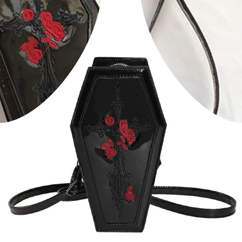 Women Coffin Satchel Purse Cartoon Gothic Crossbody Bag Novelty Rose Crossbody Pouch Casual Satchel Bag Halloween Gift