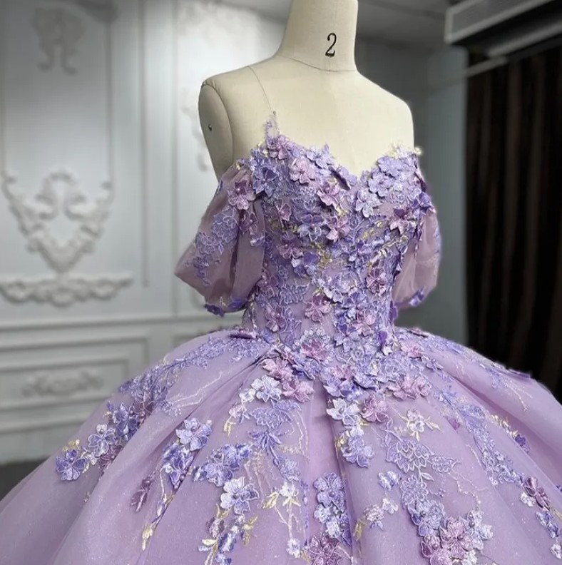 Lavender Glitter Sweetheart Quinceanera Princess Prom Party Dresses 3D Flowers Applique Ball Gown Sweet 15 16 Dress For Girls 1107