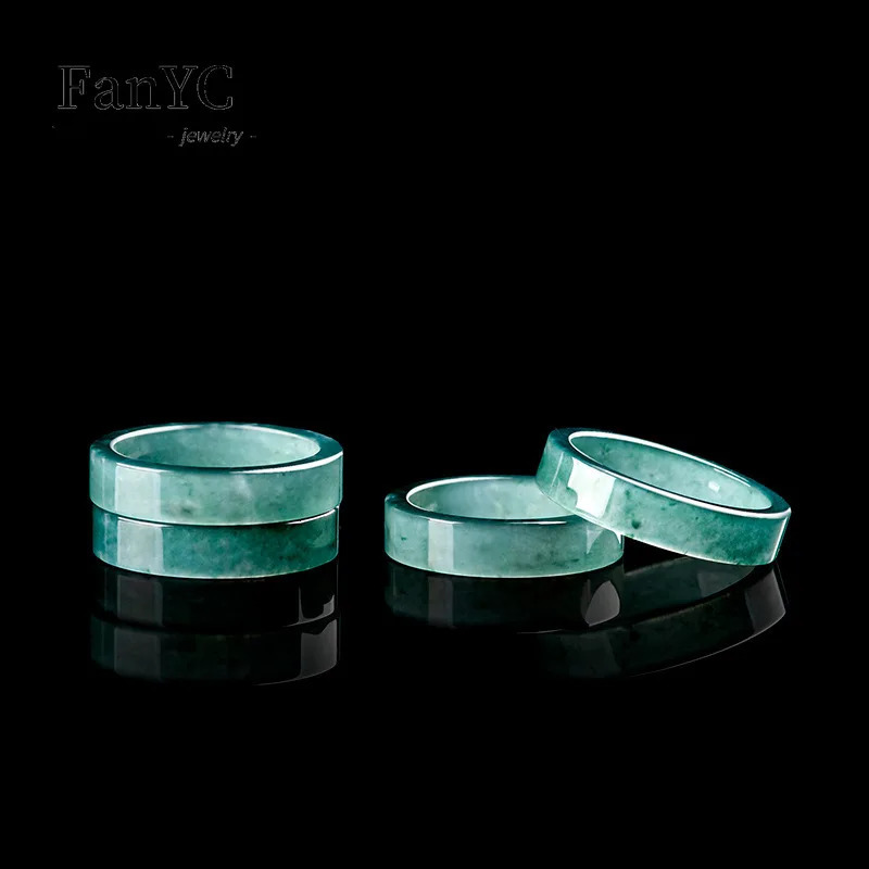 Myanmar A-goods jade blue water ring hand-painted simple and fashionable rubber ice jade ring mens and womens holiday gift 241106