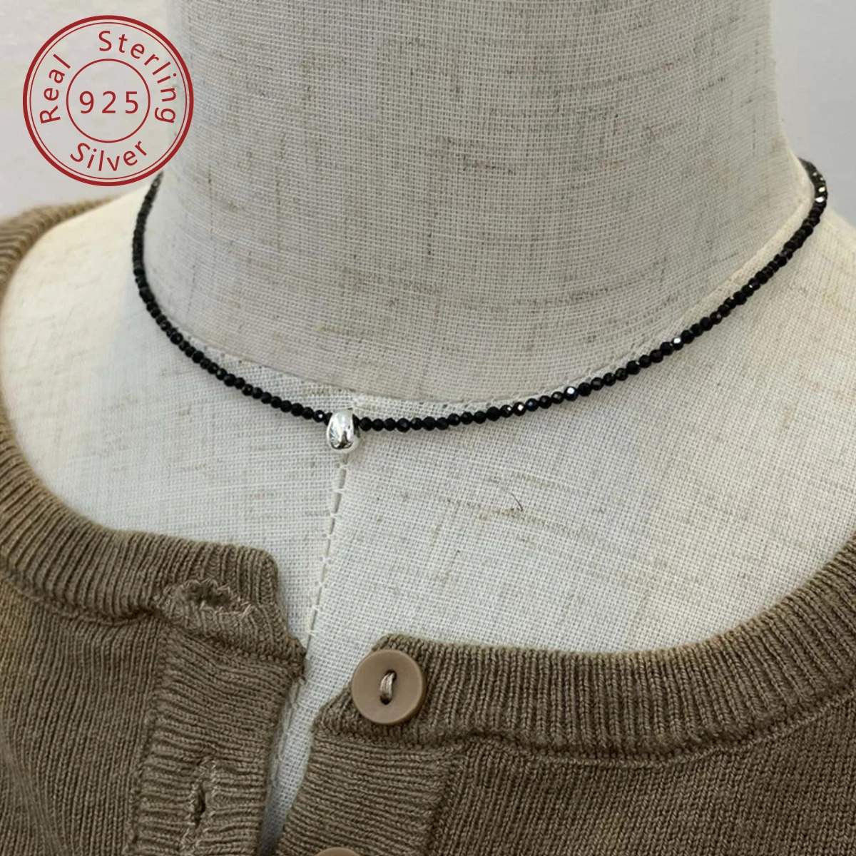 925 silver bean black spinel necklace Korean style minimalist style suitable for daily travel 241107