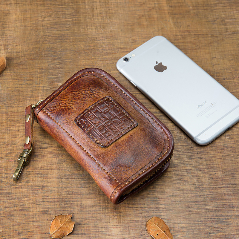 Handmade Genuine Leather Key Holder Organizer Cow Leather Car Key Bag Wallet Housekeeper Multifunction Key Case Card