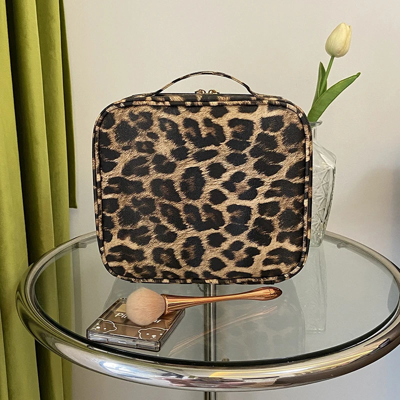 Leopard Pattern Cosmetic Bag Partition Multi functional Portable Travel Storage Makeup Box 241106