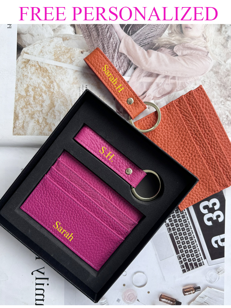 Custom Letters Genuine Leather Business Credit Card Holder Key Ring Gift Box Set Ultra-thin Short Card Cover Small Keychain Set