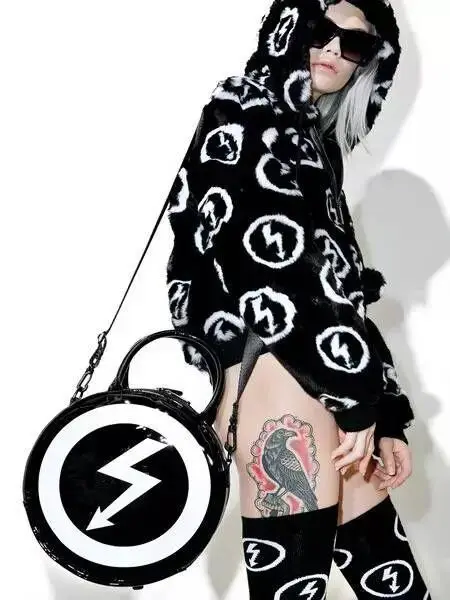 Women Lady Girl Punk Dark Skull Head Thunder Flash Printed Gothic Cross Body MOON Messenger Bag Round Handbag Harajuku