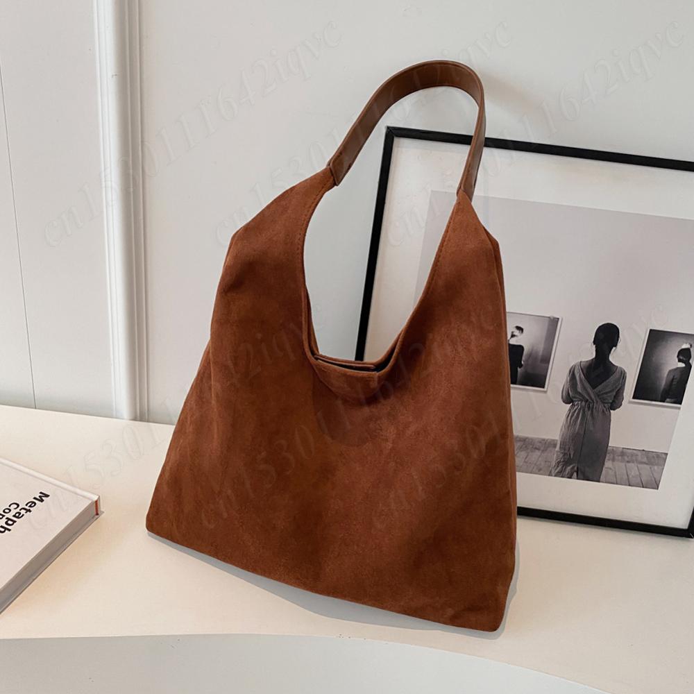 Vintage Women's Bag Suede Shoulder Bag Simple Tote Handbag Large Capacity Stylish Commuting Bag Solid Color Hasp Closure Handbag