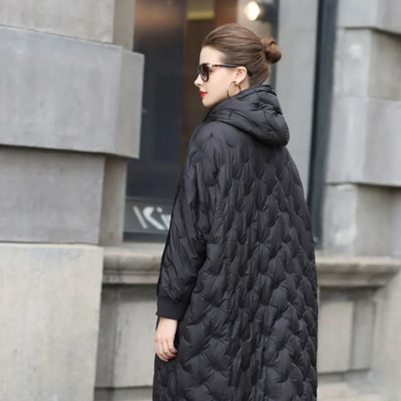 Womens Winter Embroidered Long Down Jacket Hoodie Brown Super Large Cap Puff Jacket Black 90% White Duck Down Jacket 241107