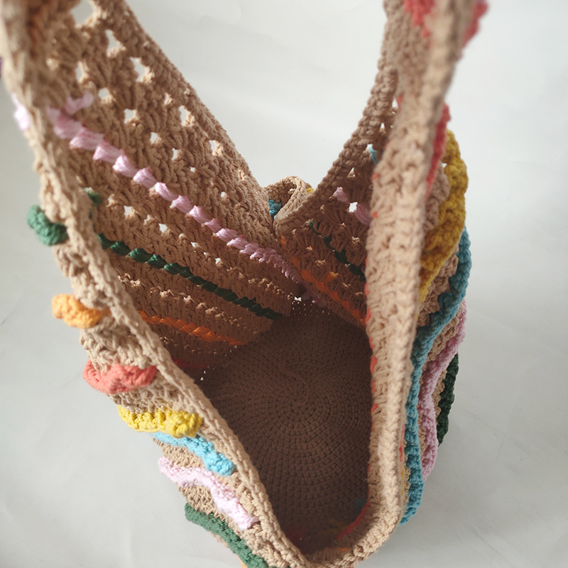 Casual Colorful Striped Crochet Women Shoulder Bags Handmade Knitted Large Tote Bag Woolen Woven Lady Handbags Big Shopper Purse