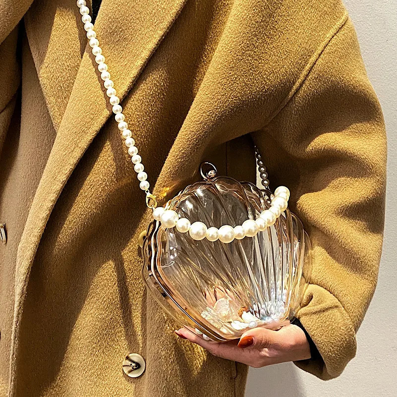 Womens Evening Bag Transparent Shell Bag Clutch Box Handbag Pearl Chain Cross Body Bag Acrylic Wallet Shoulder Bag 241106