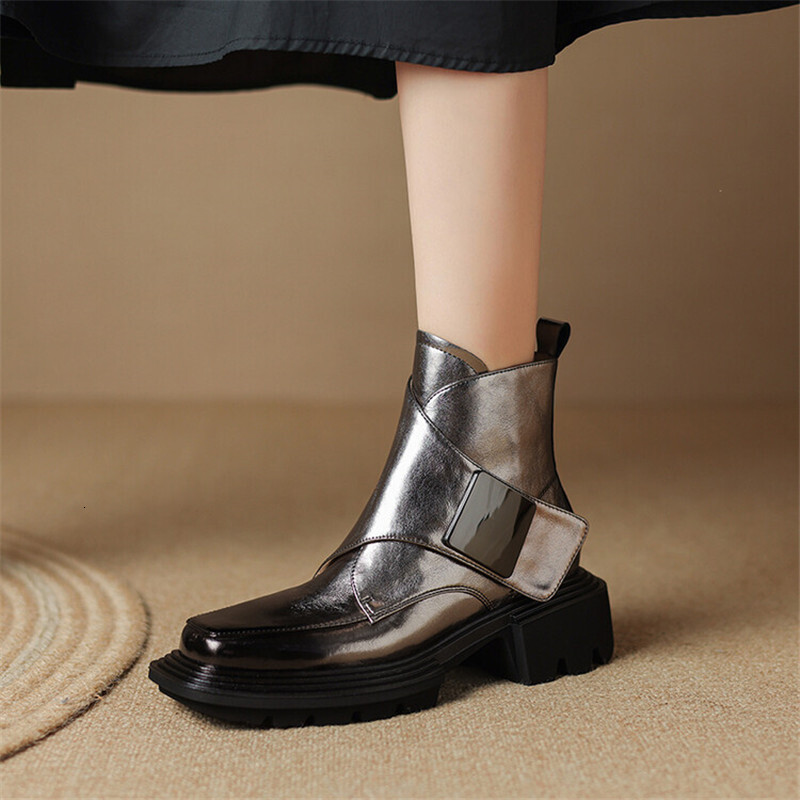 New Winter Split Leather Square Toe Chunky Heel Platform For Women High Heels Short Boots Concise Ladies Shoes