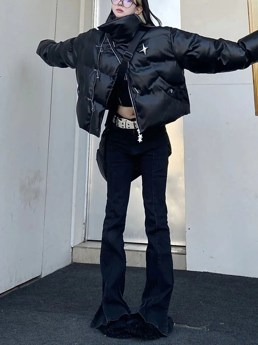 Gothic y2k Cropped Artificial Leather Inflatable Jacket Womens Zipper Upright Collar Winter Bubble Jacket Down Jacket Pu Warm Crop Top 241107