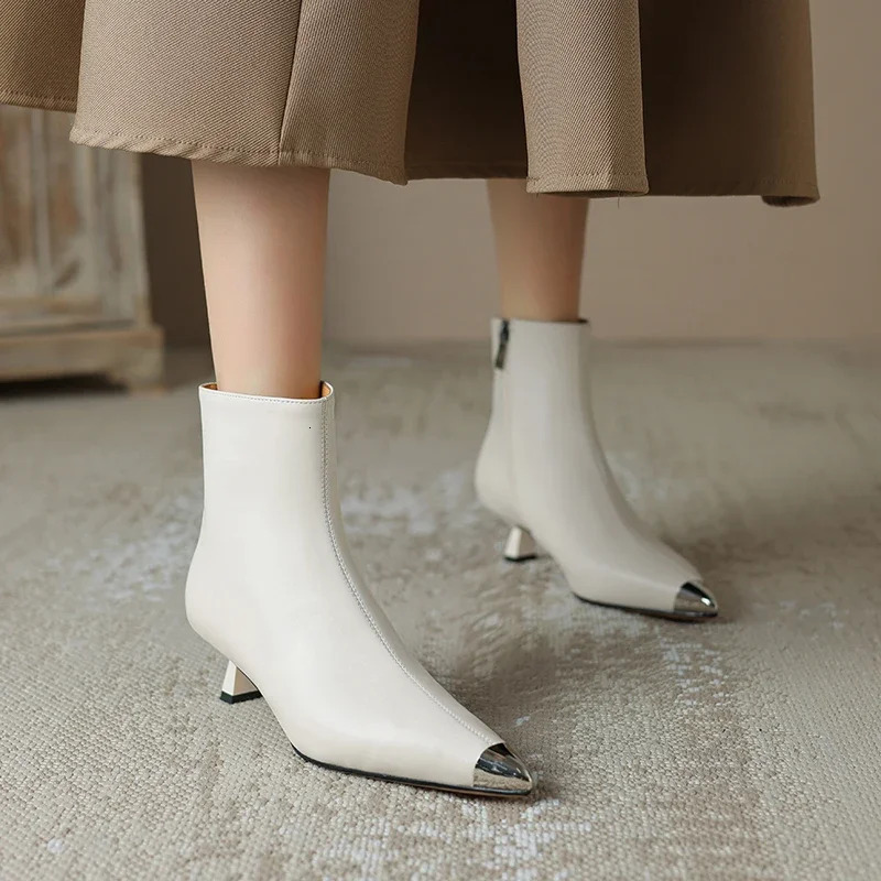 2024 Autumn Modern Women Pointed Toe Thin Heel Retro Ankle Boots High Heels Winter Ladies Shoes White