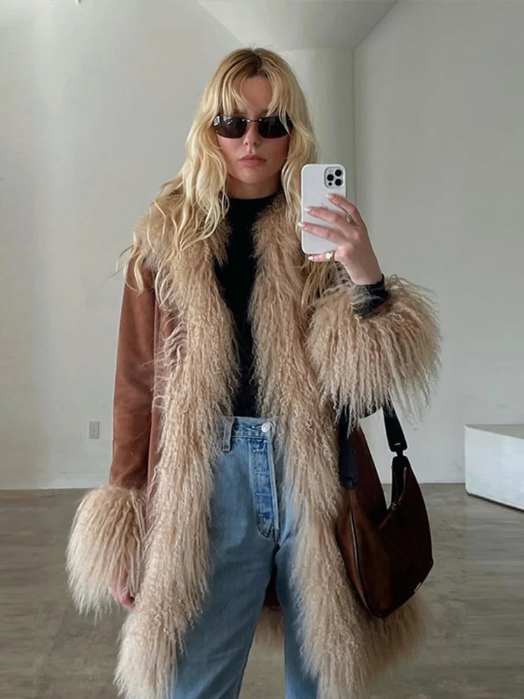 Artificial fur patch work thick coat womens lapel fur loose long sleeved warm coat winter casual pocket coat 241107