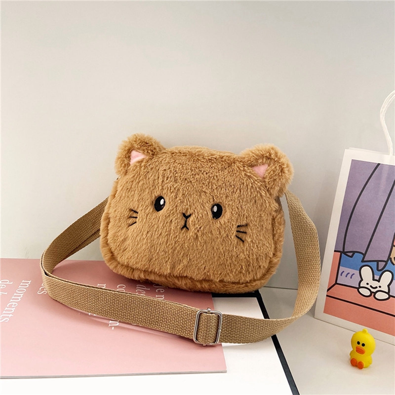 Baby Girls Cartoon Cat Crossbody Bags Cute Soft Plush Children's Shoulder Bag Winter Fashion Boys Kids Furry Handbags Coin Purse