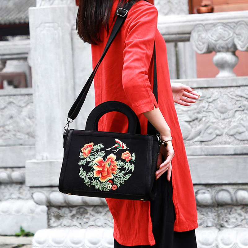 Veowalk Velvet Flock Women Embroidered Canvas Shoulder Bag Elegant Ladies Vegan Leisure Crossbody Evening Handbag Medium