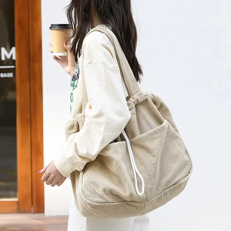 Simple Casual Totes Teenager Students Corduroy Shoulder Bag Women Large Drawstring Handbag Ladies Shopping Bags