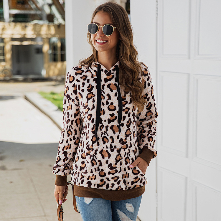 New designer autumn and winter sexy leopard print pocket hooded long sleeved women's top sportswear trend hoodie