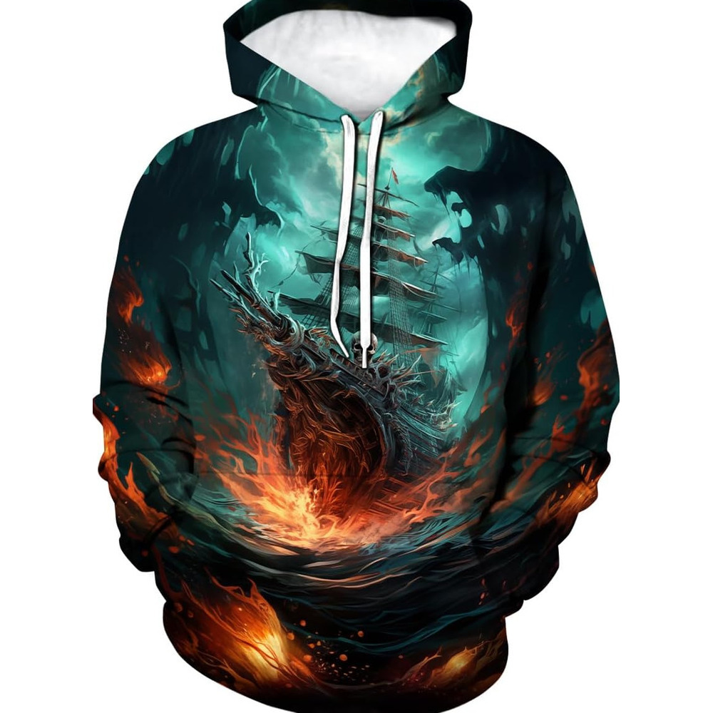 Hoodie for Mens Womens Funny Pirate Hoodie Pirate Ship Graphic Sweatshirt Graphic Cool pirate pattern