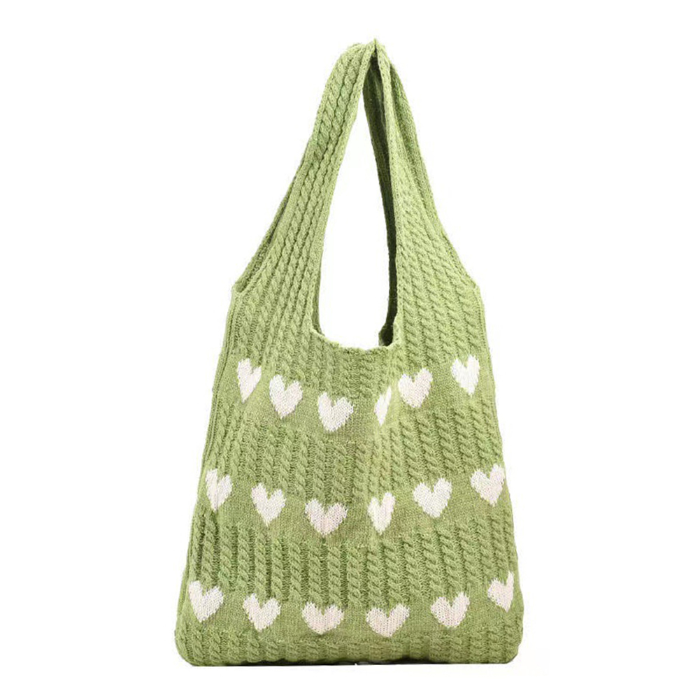 Women Knit Love Tote Bag Color Blocking Lightweight Handbag Large Capacity Crochet Satchel Bag Top Handle Bag Commuting Bag