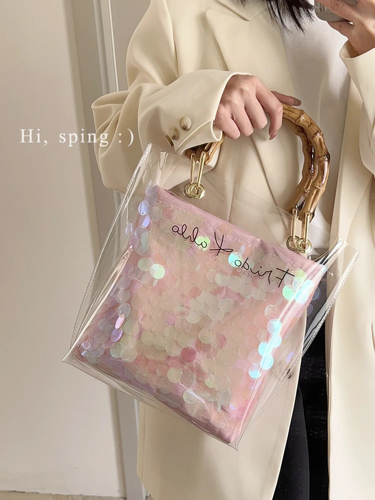 Transparent handbag summer sequin bucket bag fashionable single shoulder cross bag bamboo handbag 241106