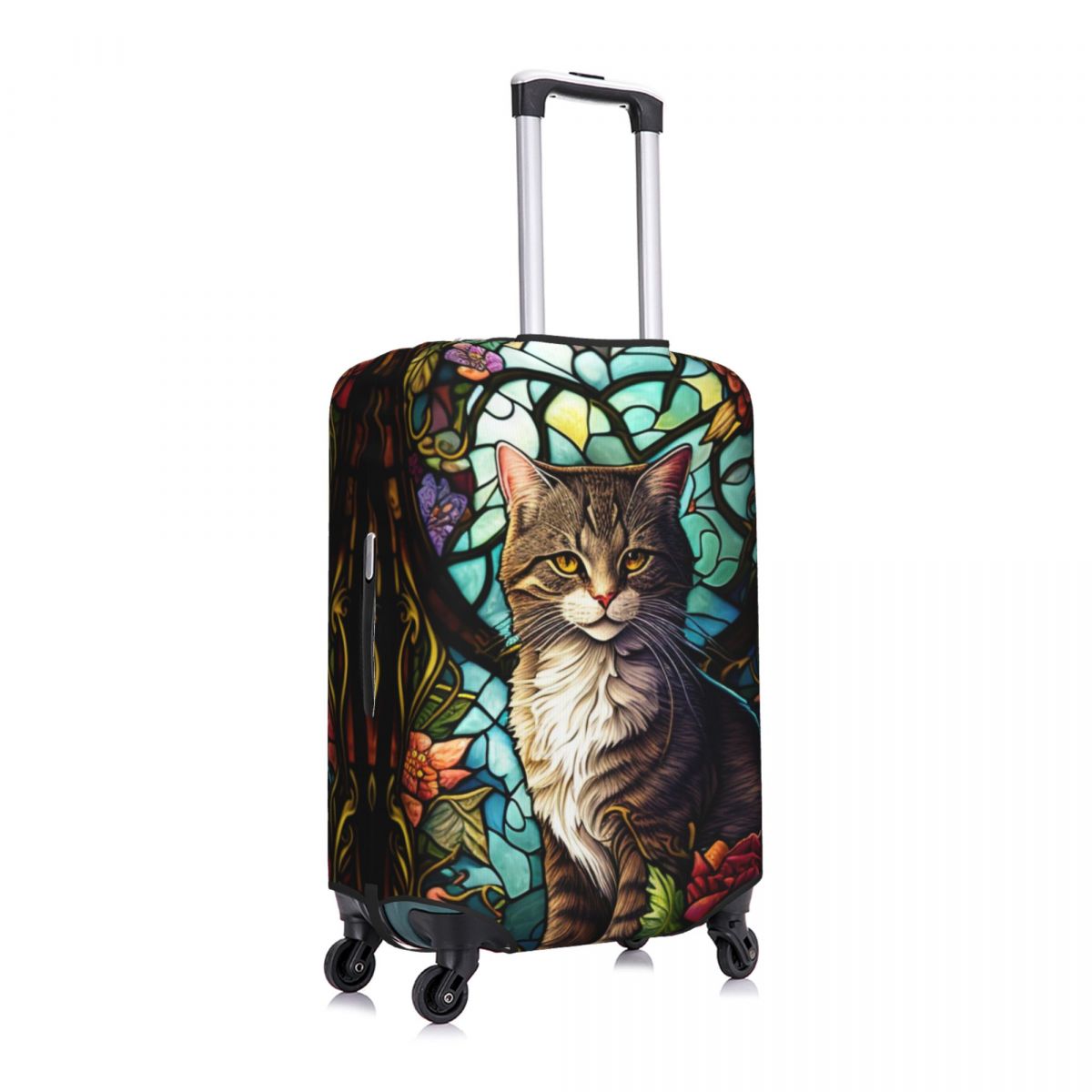 Cat Stained Glass Suitcase Cover Colorful Flowers Vacation Cruise Trip Useful Luggage Case Protector