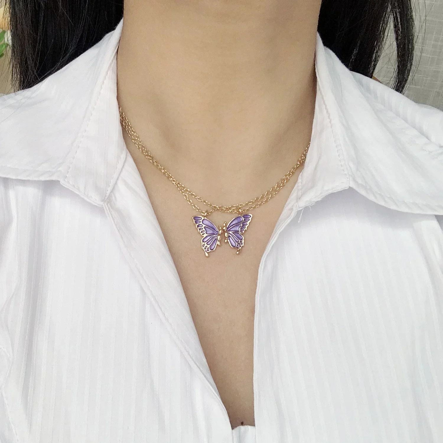 2 butterfly necklaces Korean fashion chrysanthemum Kravik chain necklace friendship BFF rainbow friend jewelry 241107