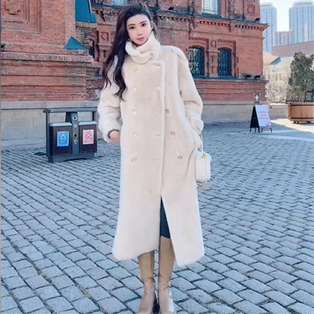 Womens retro faux mink coat autumn and winter premium plush coat womens apricot tree stand collar warm long fur coat 241107