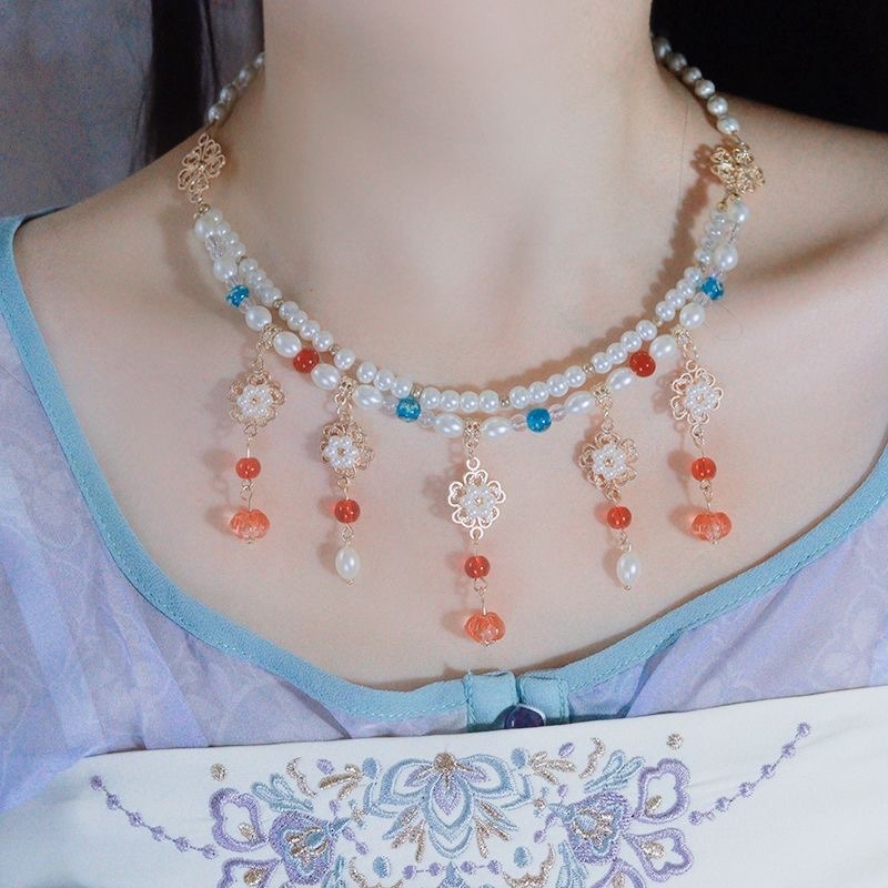 Double Layered Glass Necklace with Chiming Sound, Ancient Style Necklace Women's Pearl Flowers Tang Style Ancient Costume Retro Hezi Skirt Hanfu 