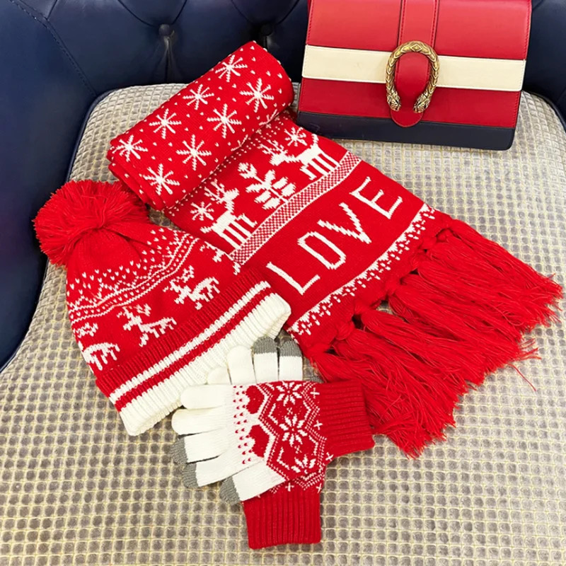Christmas Hat Scarf Glove Set 3-piece Womens Winter Kitten Touchscreen Gloves Thick Warm Pom Hat Scarf Glove Set 241107