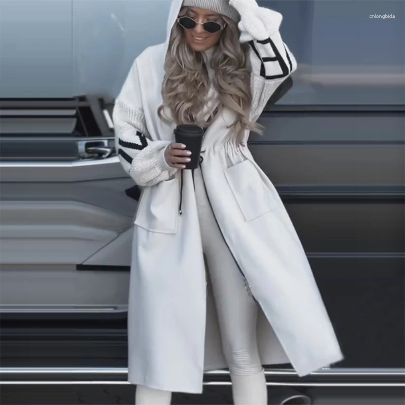 Womens Trench Coats Long Women Solid Casual Hoodies Lace Up Letter Sleeves Pockets Female Top 2024 Autumn Winter Eleagnt Lady Outerwears