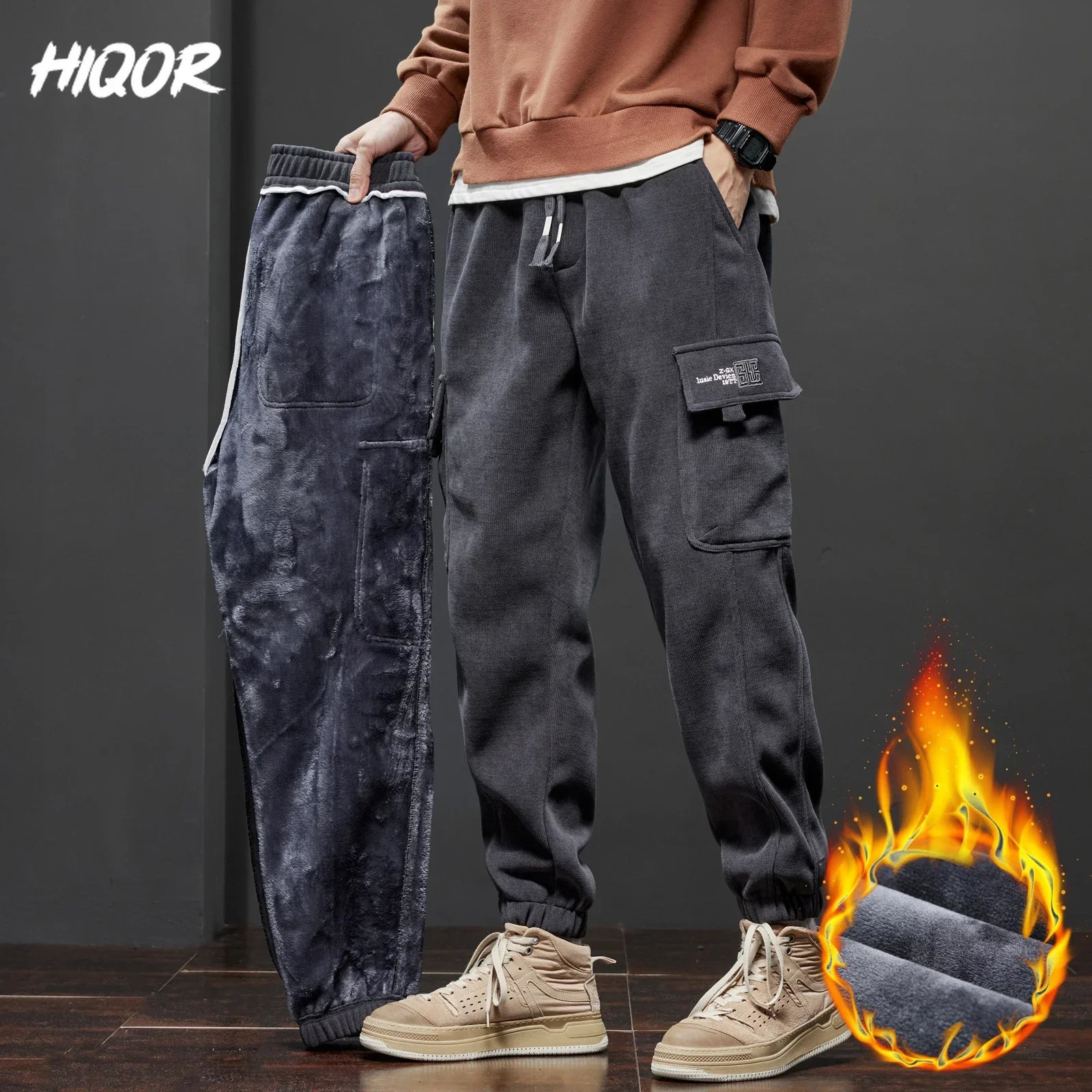 HIQOR Winter Mens Fleece Warm Casual Pants Jogging Sweatpants Male Harajuku Y2k Loose Streetwear Harem Trousers for Men 241104