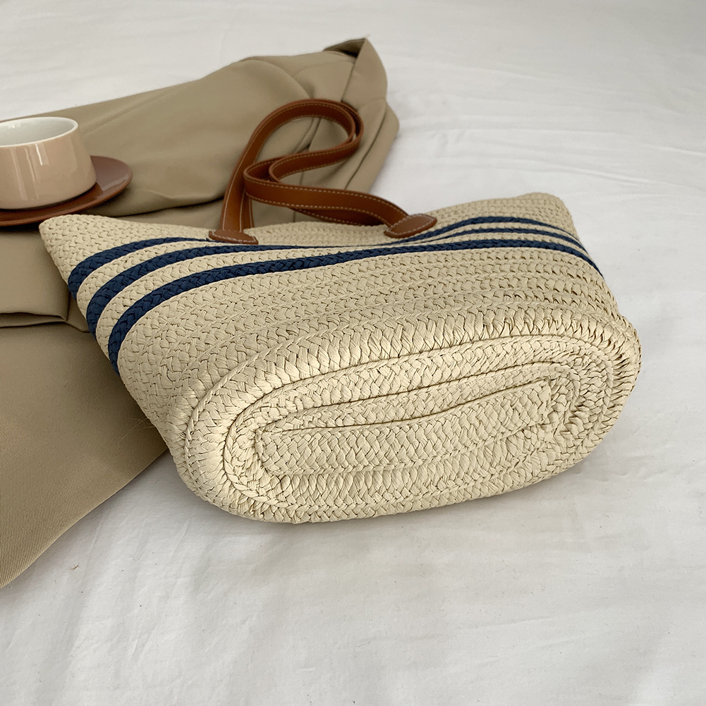 Women Straw Shoulder Bag Color Contrast Weaving Travel Bag Large Capacity Striped Straw Handbag Ladies Summer Daily Bag