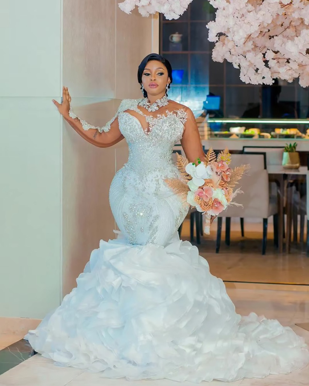 Customize Arabic Aso Ebi White Mermaid Wedding Dress Beaded Crystals Lace Detachable Train Two In One Bridal Gowns