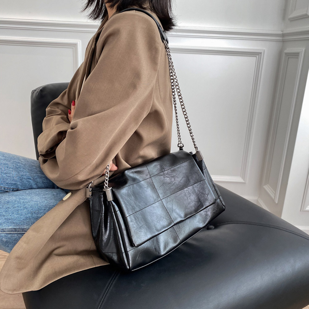 Sewing Thread Vintage Fashion Women Shoulder Bags Metal Chain Strap Crossbody Bag Soft PU Leather Lady Shopper Travelling Bolso