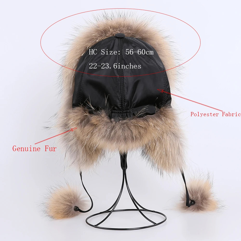 100% real fox fur hat womens Russian Usanka pilot hunter ski hat winter raccoon fur bomber hat 241106