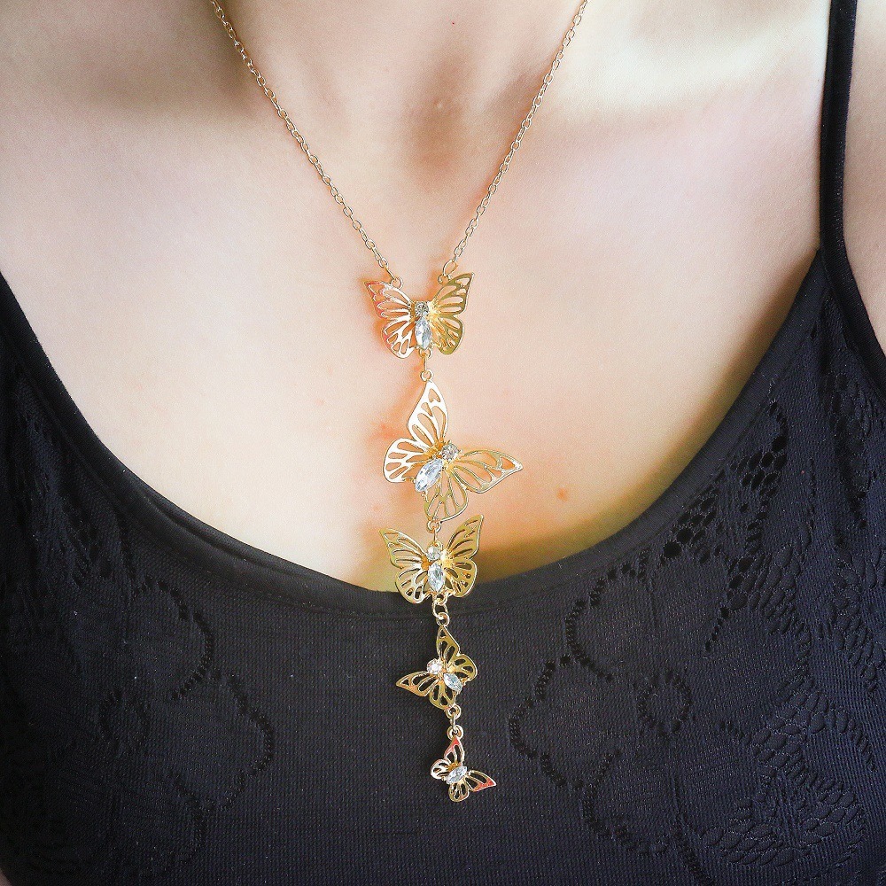 European and American Cross-border Jewelry Retro Fashion Personality Size Hollowed Out Butterfly Necklace Alloy Diamond Pendant Long Necklace