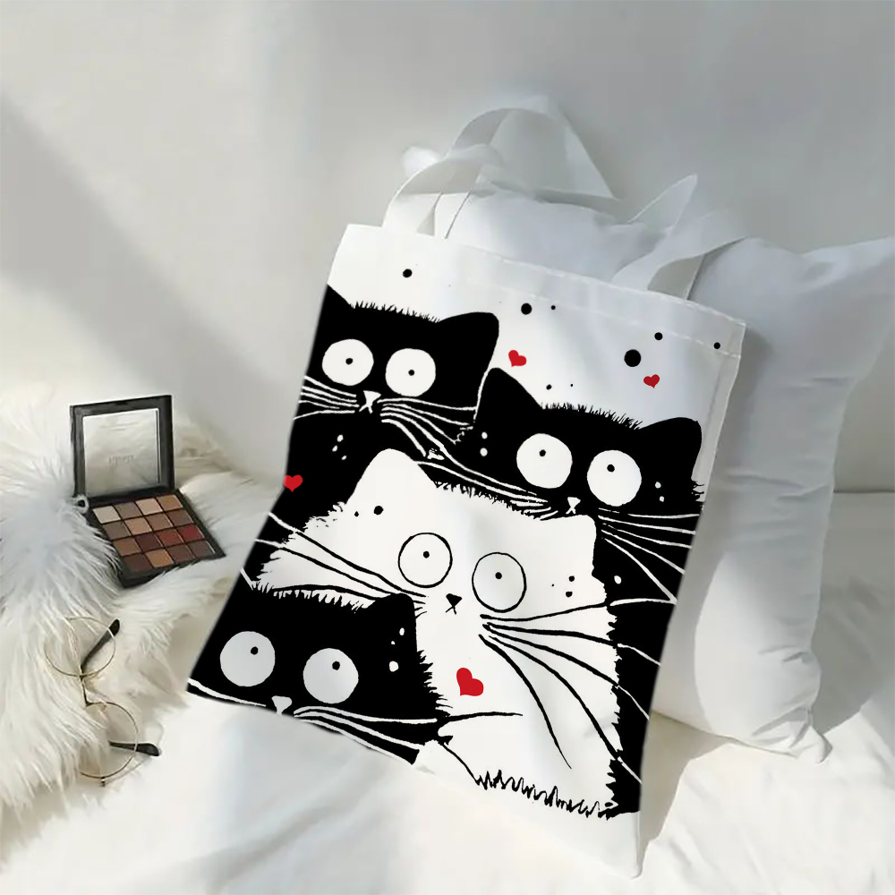Cute Cat Shopping Grocery Reusable School Girl Gift Andeiltech Linen Tote Bag for Women Aesthetic No Zipper