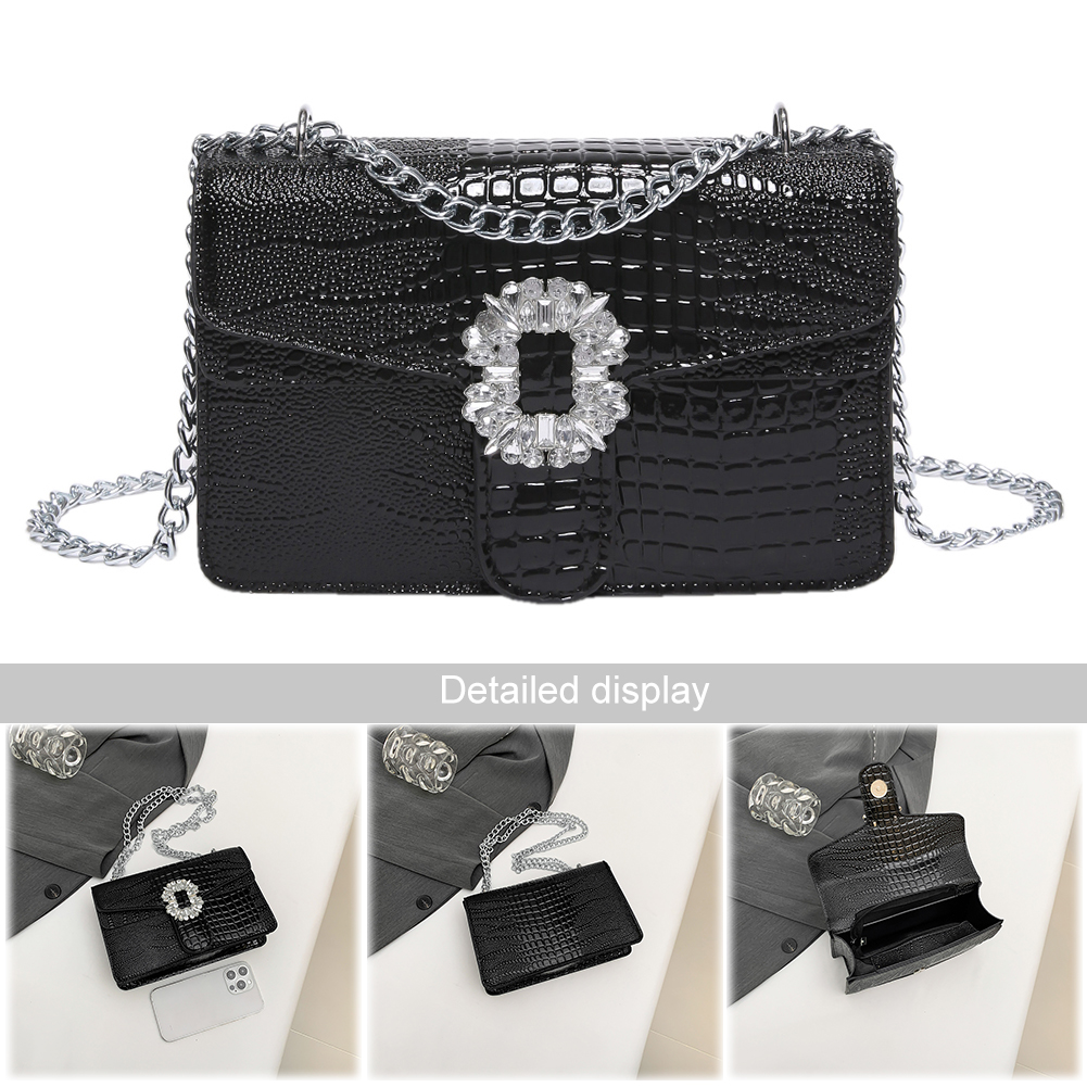 Women PU Flap Shoulder Bag Stylish Commuting Bag Crocodile Pattern Fashion Square Handbag with Diamond Decor for Outdoor Travel