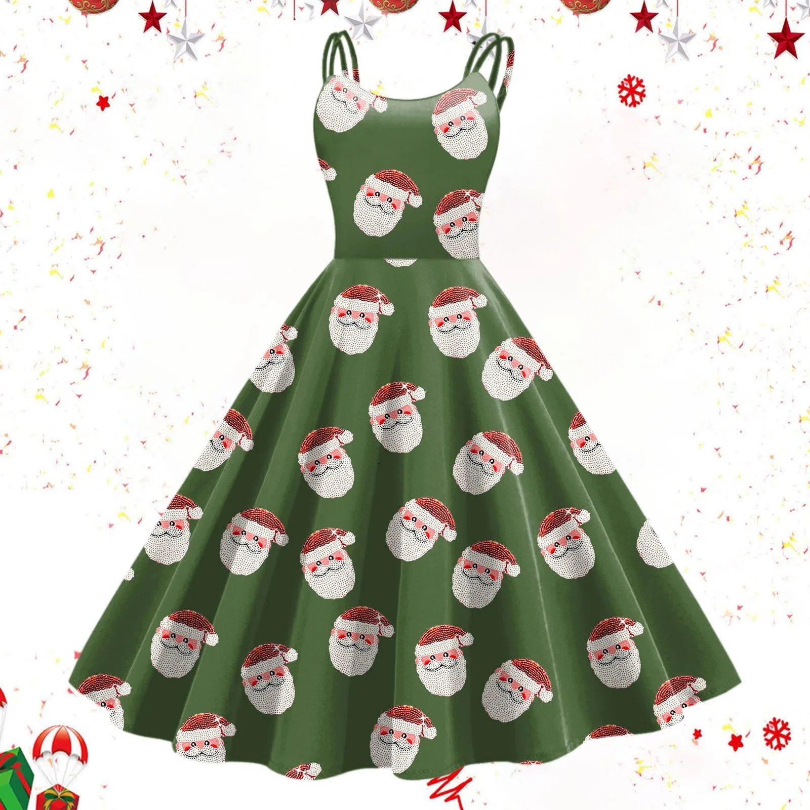 Women Christmas Sleeveless Long Dresses Retro A Line Flared Swing Prom Dress High Waist Santa Claus Print Dresses For Women Xmas 241107