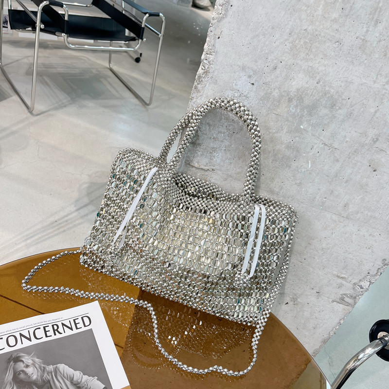 Retro Metal Bling Shiny Bag Hand-Woven Beaded Bag Sequined Pearl Bag Shopping Bag Shoulder Handbag