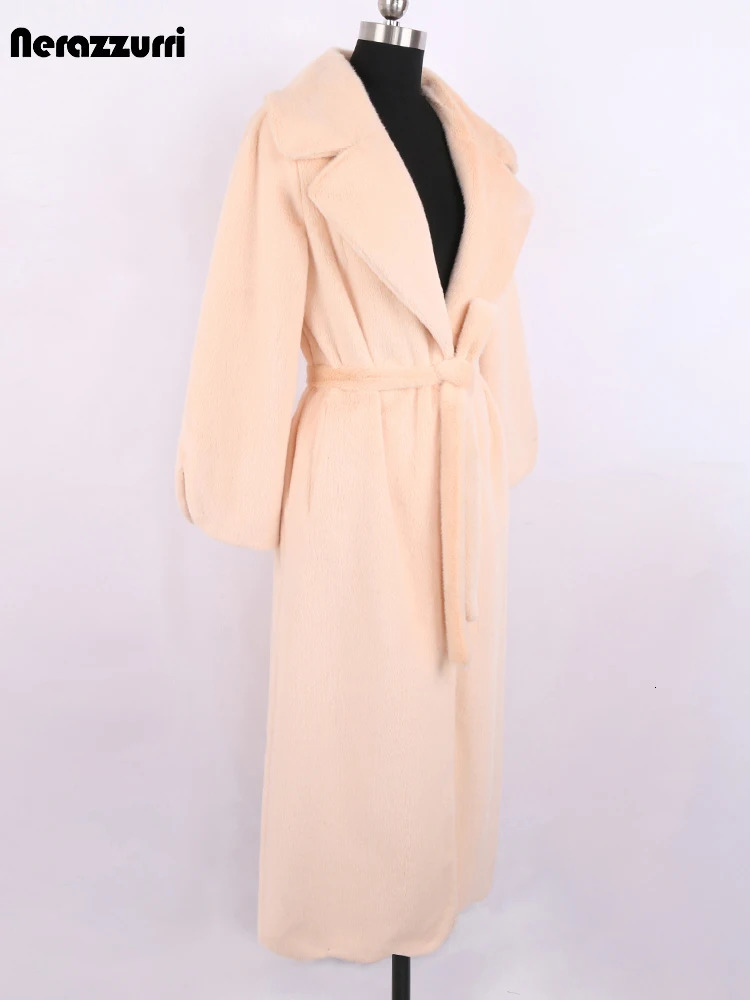 Sapphire Winter Extra Long Fluffy Warm Soft Artificial Fur Coat Womens Flip Tie Runway Elegant Fake Mink Coat 241107