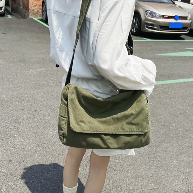 Female Canvas Fabric Soft Slouchy Shoulder Bag Y2K Student Leisure Medium Size School Book Laptop Pouch Messenger Side Bag