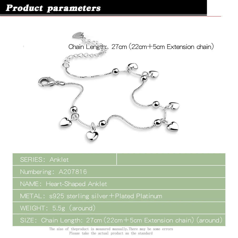 100% 925 sterling silver heart-shaped anklet pendant bead anklet summer beach anklet bracelet 241107