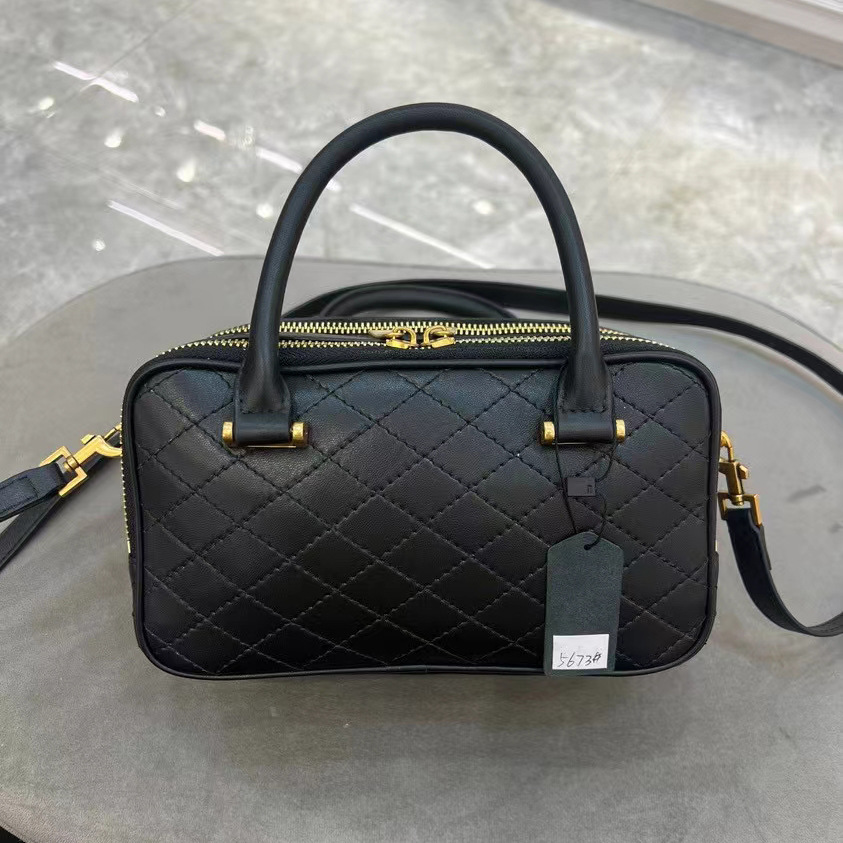 YS 2024 Genuine Leather HigH-capacity Boston Bowling DiamonD Grid Women's Bag, Deluxe One Shoulder Carrying Crossbody Bag