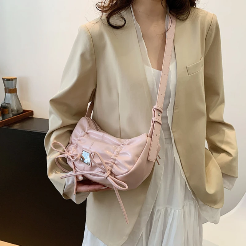 Korean Fashion Designer Shoulder Bag Lace Up Bow Bags for Women 2024 New Bolsas Mujer Drawstring Bolsos Underarm Sac De Femme