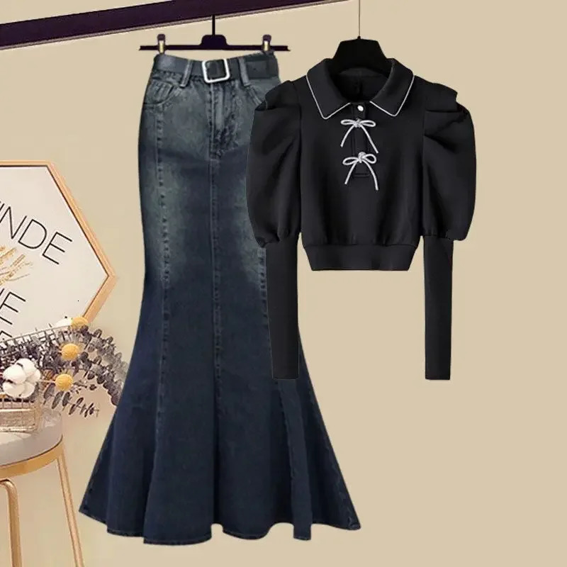 2024 Womens Fashion Plus Size Autumn Suit Trendy Age-Reducing Denim Skirt 2-Piece Set Versatile Top 241107