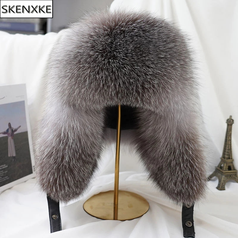 Winter Mens 100% Real Silver Fox Fur Bomber Hat Raccoon Fur Wusanka Hat Catcher Russian Mens Ski Hat Real Leather 241106