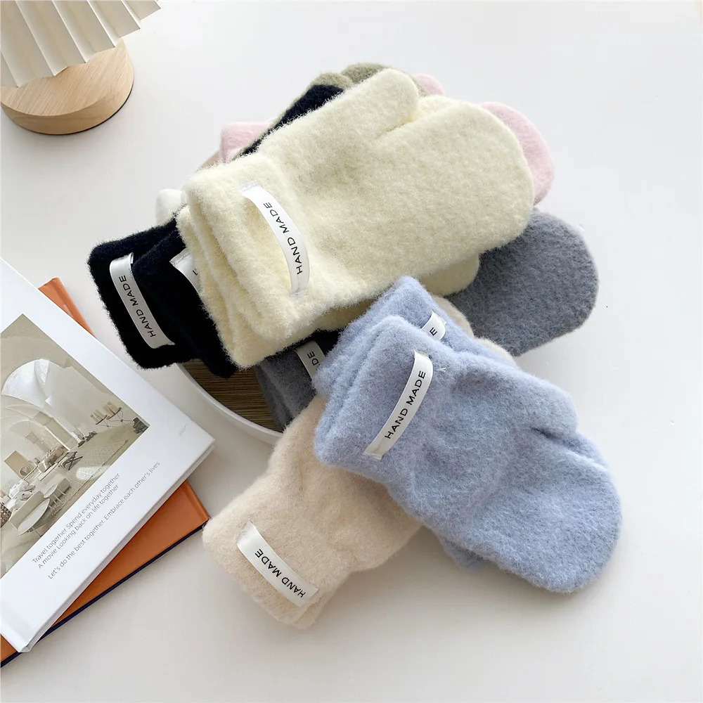 Womens Girl Winter Korean Edition Solid Color Thick Plush Bicycle Student Fashion Warm Gloves Clothing Accessories 241107